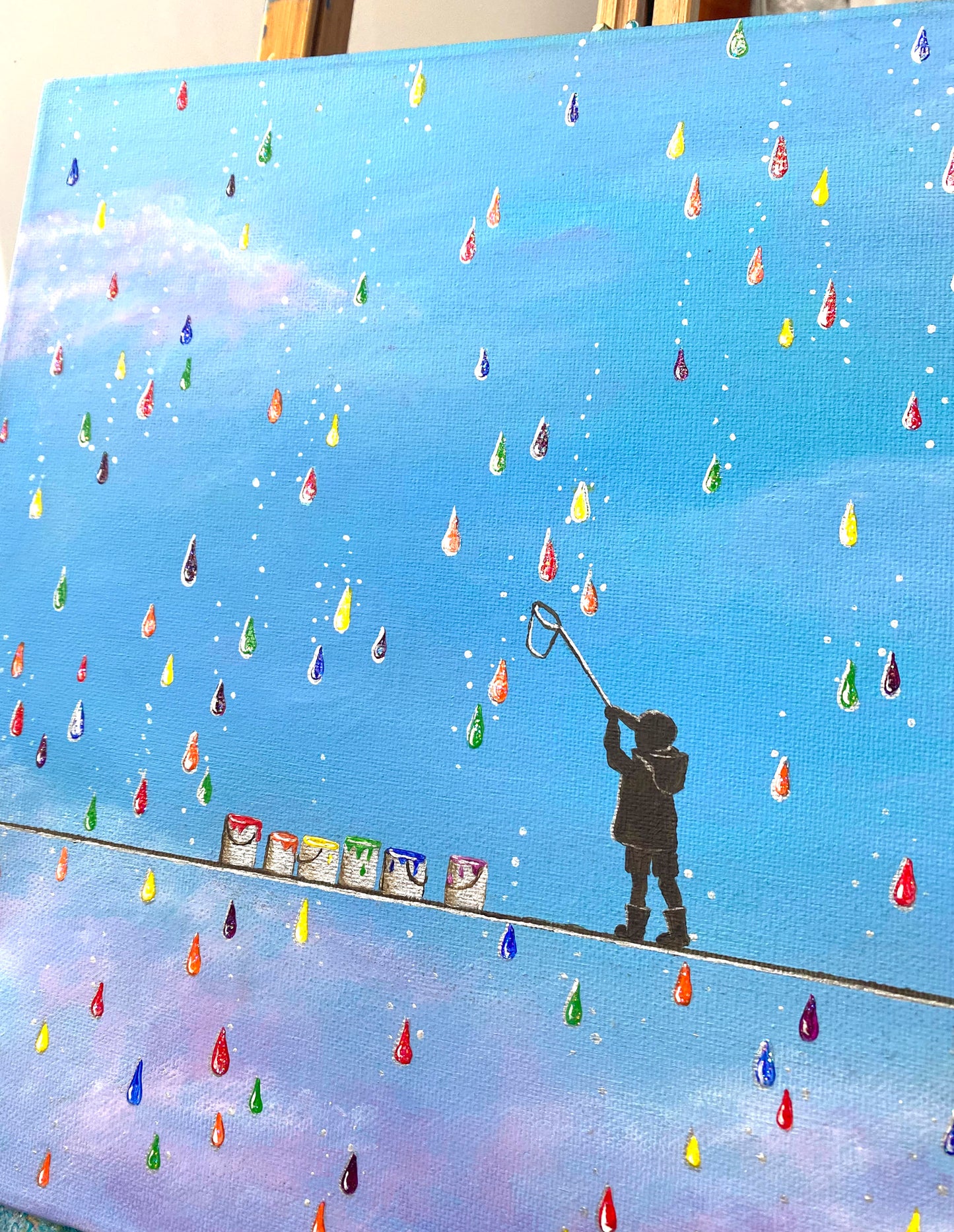 When it Rains look for Rainbow drops Original Canvas Painting- 12"X12"