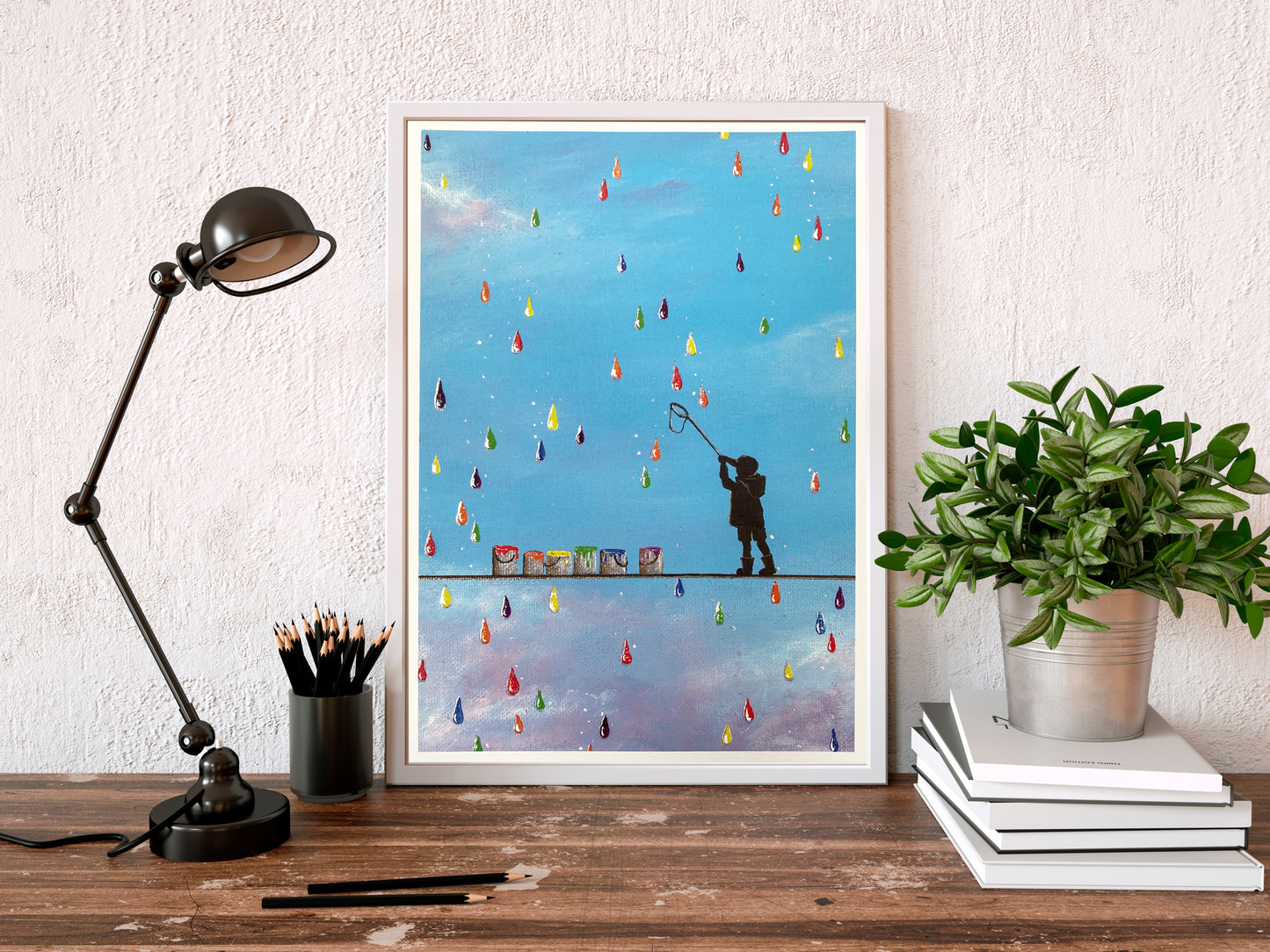 When it rains look for rainbow drops A3 Hand Embellished Print