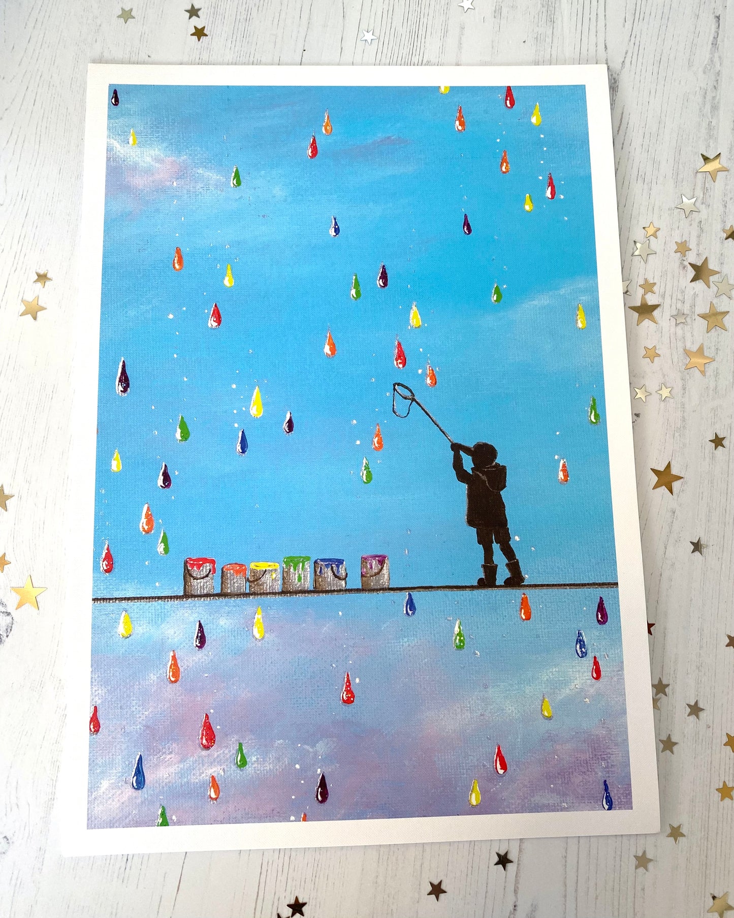 When it rains look for rainbow drops A3 Hand Embellished Print