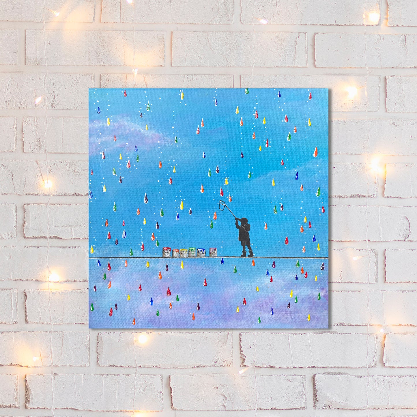 When it Rains look for Rainbow drops Original Canvas Painting- 12"X12"