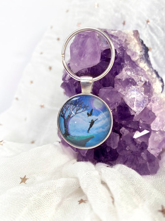 Fly to the Moon Glass Pendant Keyring